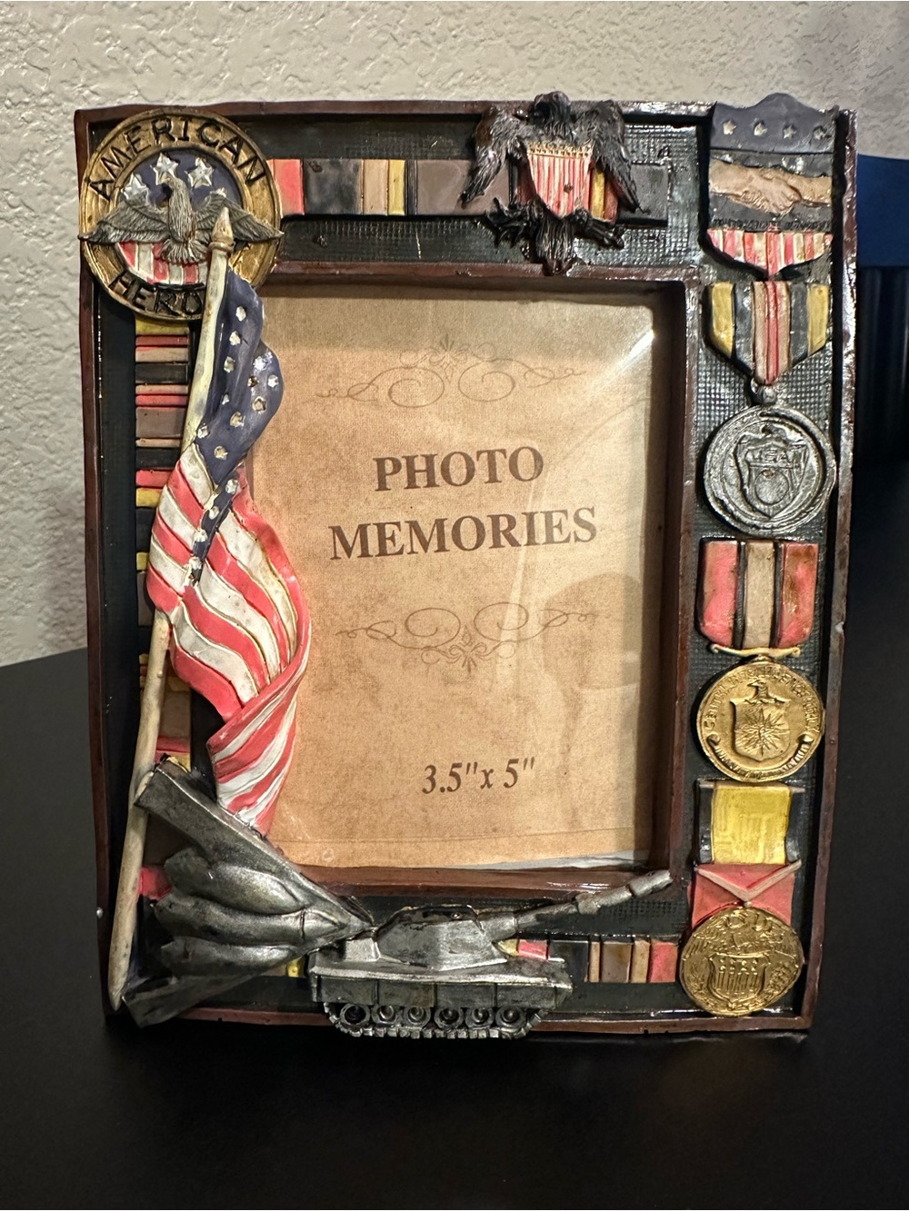 Patriotic Photo Frame with American Flag and Military Medals - Red, Blue, Gold